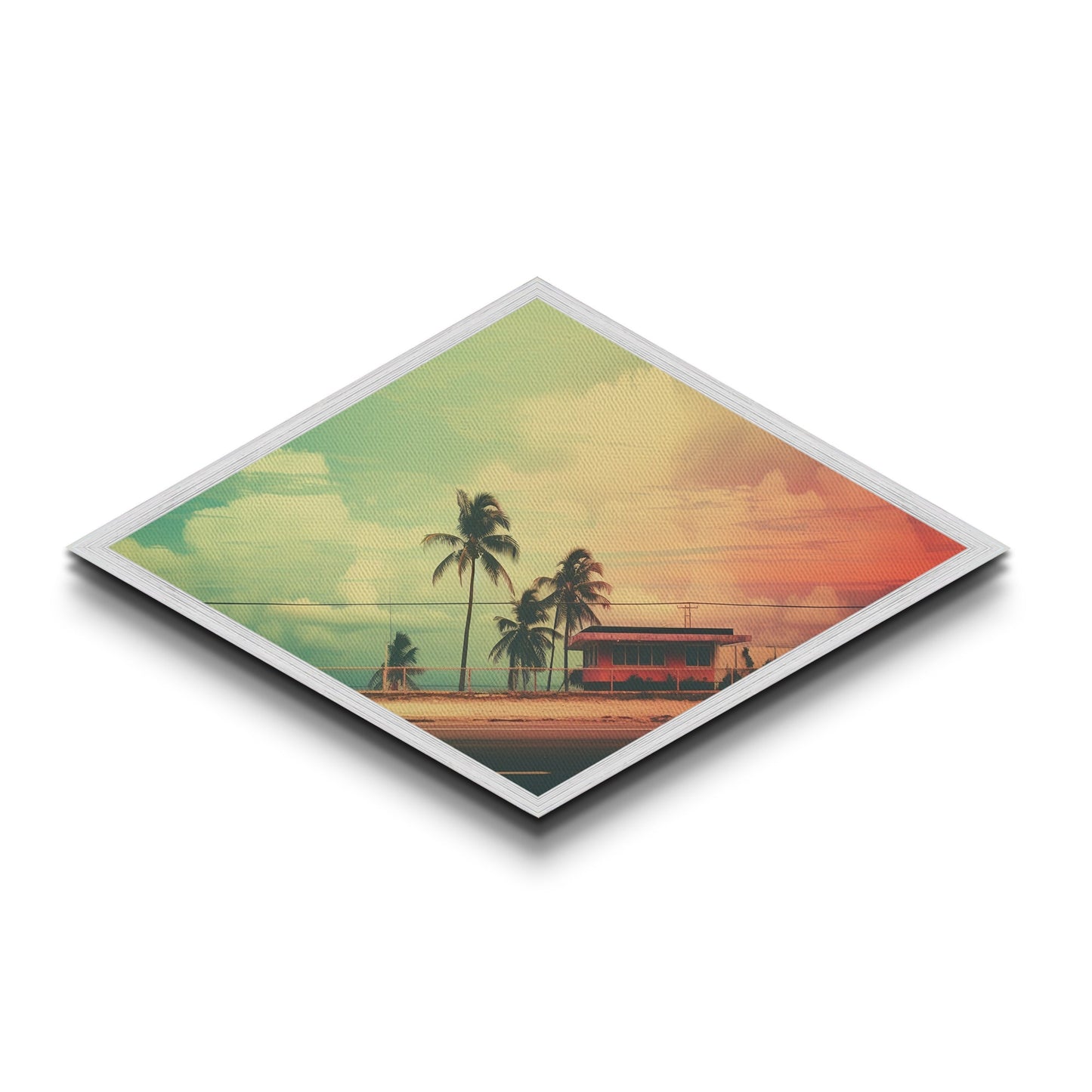 Sunset Beach Cabin — Diamond Shaped Canvas Textured Print retro coastal decor, midcentury beach wall art, vacation home aesthetic