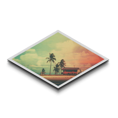 Sunset Beach Cabin — Diamond Shaped Canvas Textured Print retro coastal decor, midcentury beach wall art, vacation home aesthetic