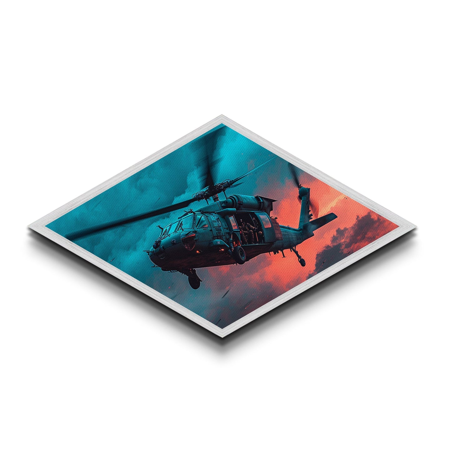 Midnight Drop Mission — Diamond Shaped Canvas Art Print helicopter military decor, stormy sky artwork, man cave or office statement