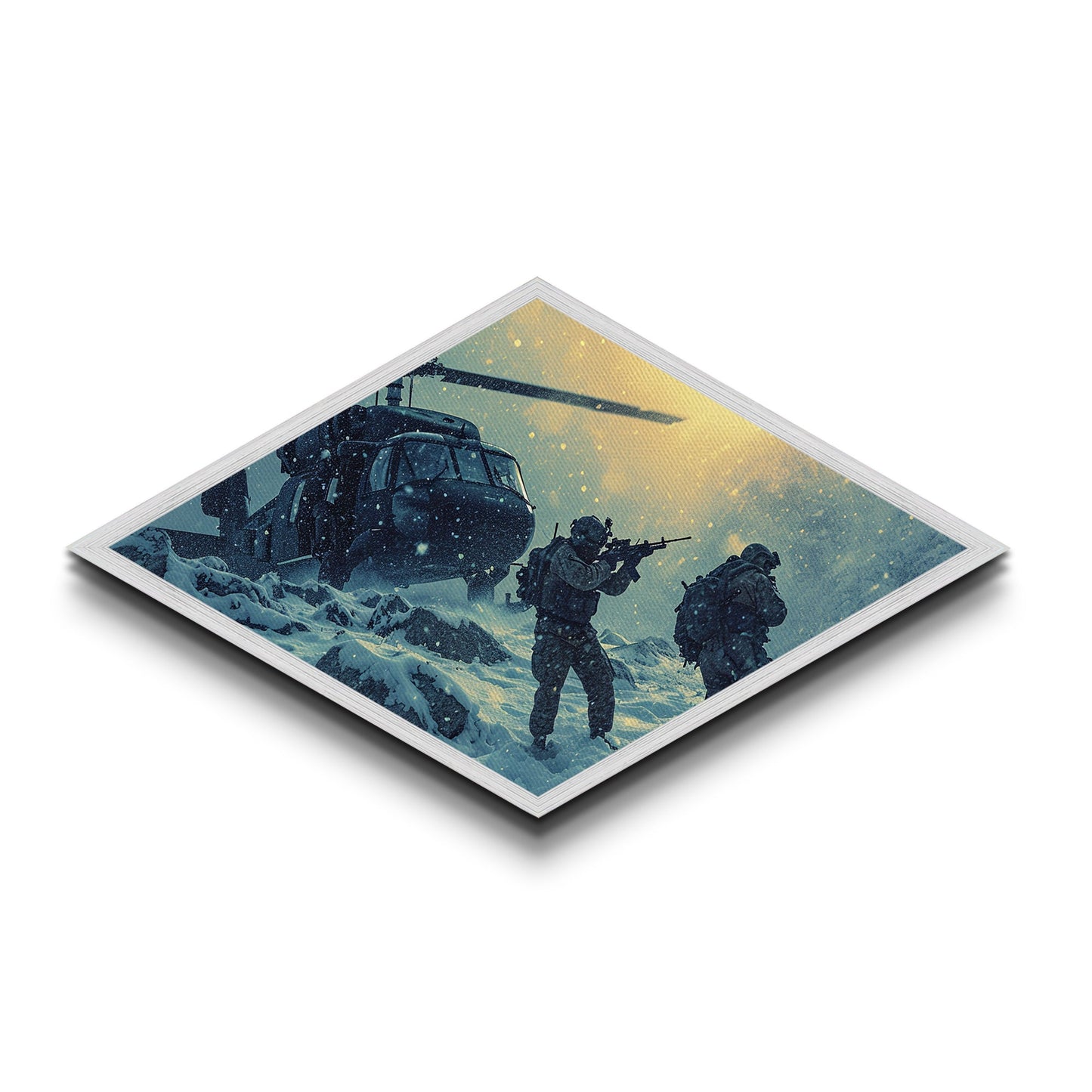 Snowfield Deployment — Diamond Shaped Canvas Textured Print army winter ops wall art, soldier gift, rustic adventure lodge accent
