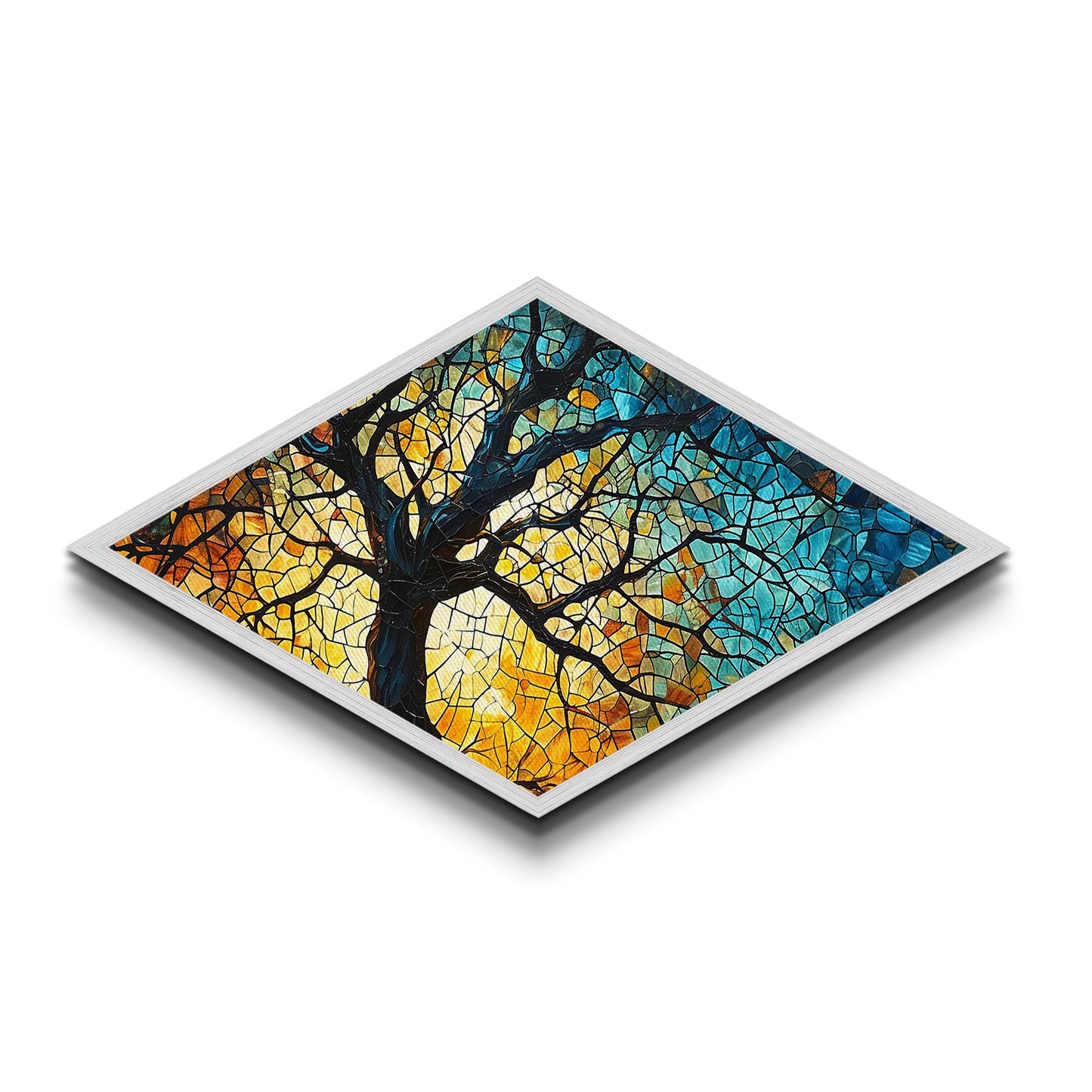Branching Light Mosaic — Diamond Shaped Canvas Embossed Print glowing stained glass tree artwork, spiritual living room boho decor