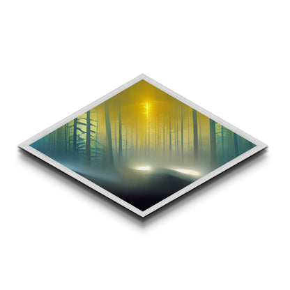 Forest Glow Tranquility Diamond Shaped Canvas Art Print, Misty Pines Sunrise Landscape Wall Decor, Nature Inspired Zen Room Accent