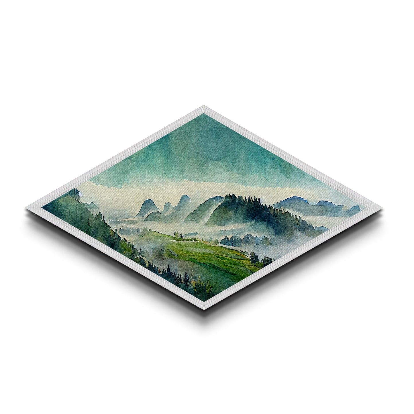 Watercolor Hills Serenity Diamond Shaped Canvas Textured Print, Misty Mountains Landscape Wall Decor, Tranquil Pastel Green Tones