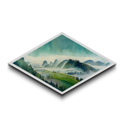 Watercolor Hills Serenity Diamond Shaped Canvas Textured Print, Misty Mountains Landscape Wall Decor, Tranquil Pastel Green Tones