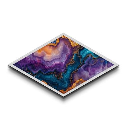 Crystalline Abyss Diamond Shaped Canvas Embossed Print Geode Gemstone Wall Art Vibrant Purple Blue Gold Abstract Office Decor