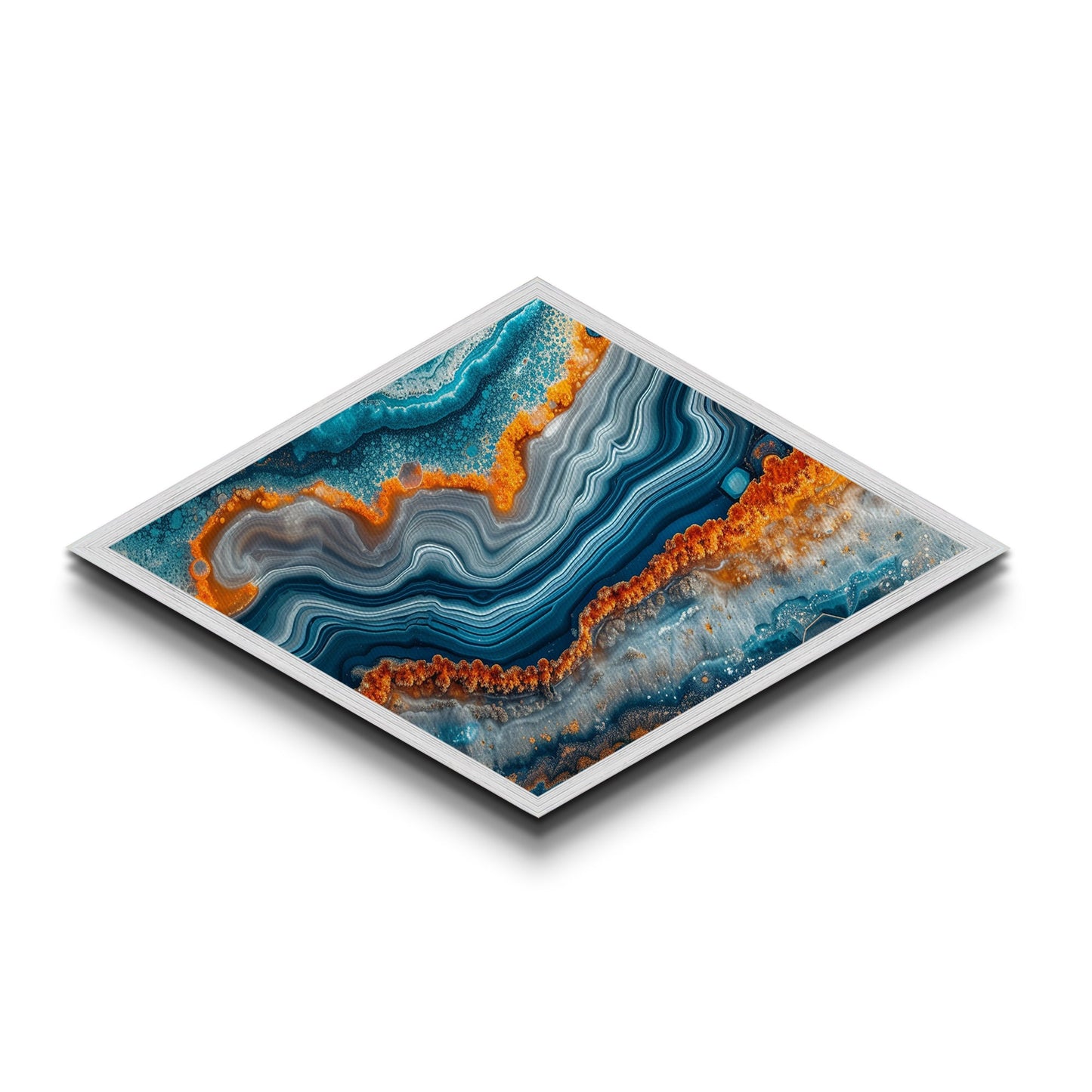 Aqua Flame Vein Diamond Shaped Canvas Textured Print Agate Crystal Slice Wall Decor Earth Tones Modern Bathroom Gift