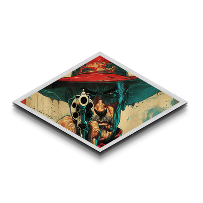 Western Gunman Gaze Diamond Shaped Canvas Embossed Print Pop Art Cowboy Portrait Bold Americana Wall Decor Man Cave Accent