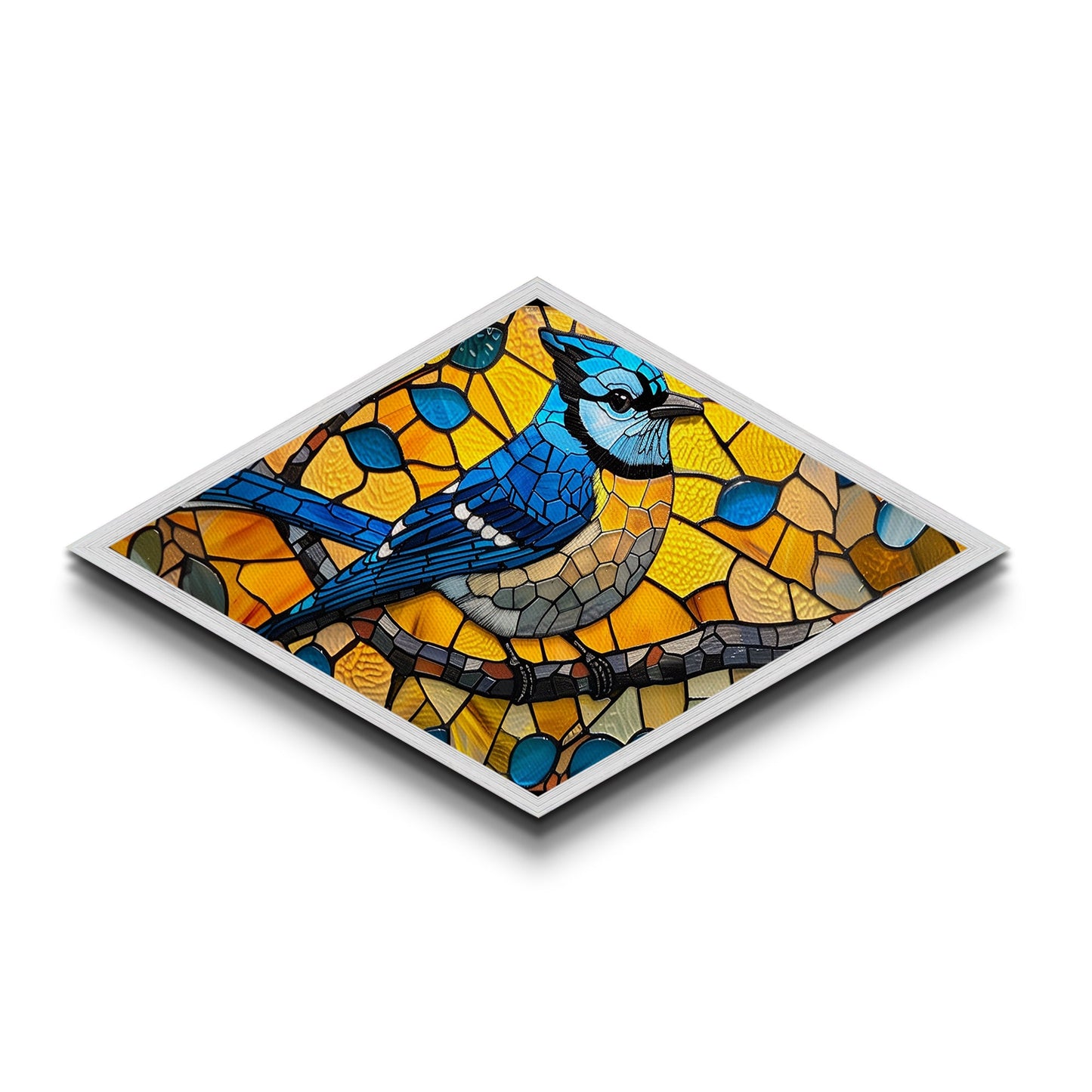 Stained Glass Bluejay Diamond Shaped Canvas Textured Print Bird Art Sunlit Window Look Nature Lover Gift Rustic Home Decor