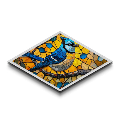 Stained Glass Bluejay Diamond Shaped Canvas Textured Print Bird Art Sunlit Window Look Nature Lover Gift Rustic Home Decor
