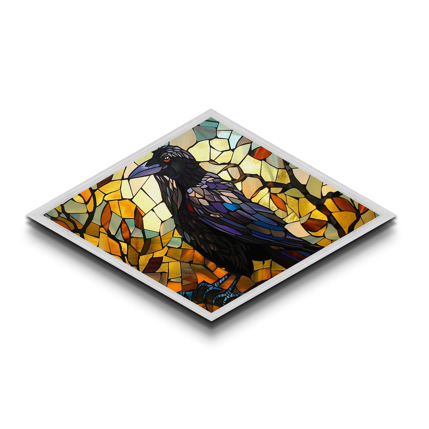 Raven Glass Shadows Diamond Shaped Canvas Art Print Stained Glass Crow Art Autumn Color Wall Decor Halloween Gothic Aesthetic