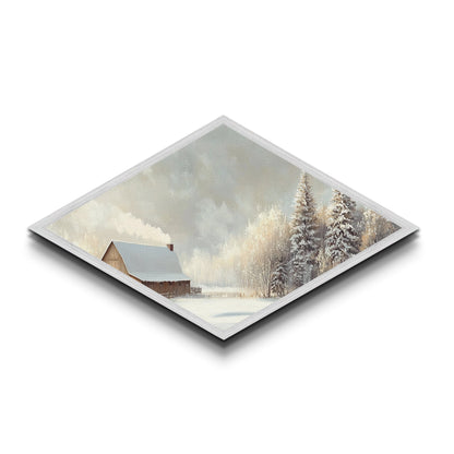 Snowy Cabin Peace – Diamond Shaped Canvas Textured Print rustic winter scene landscape wall art cozy Christmas lodge aesthetic decor
