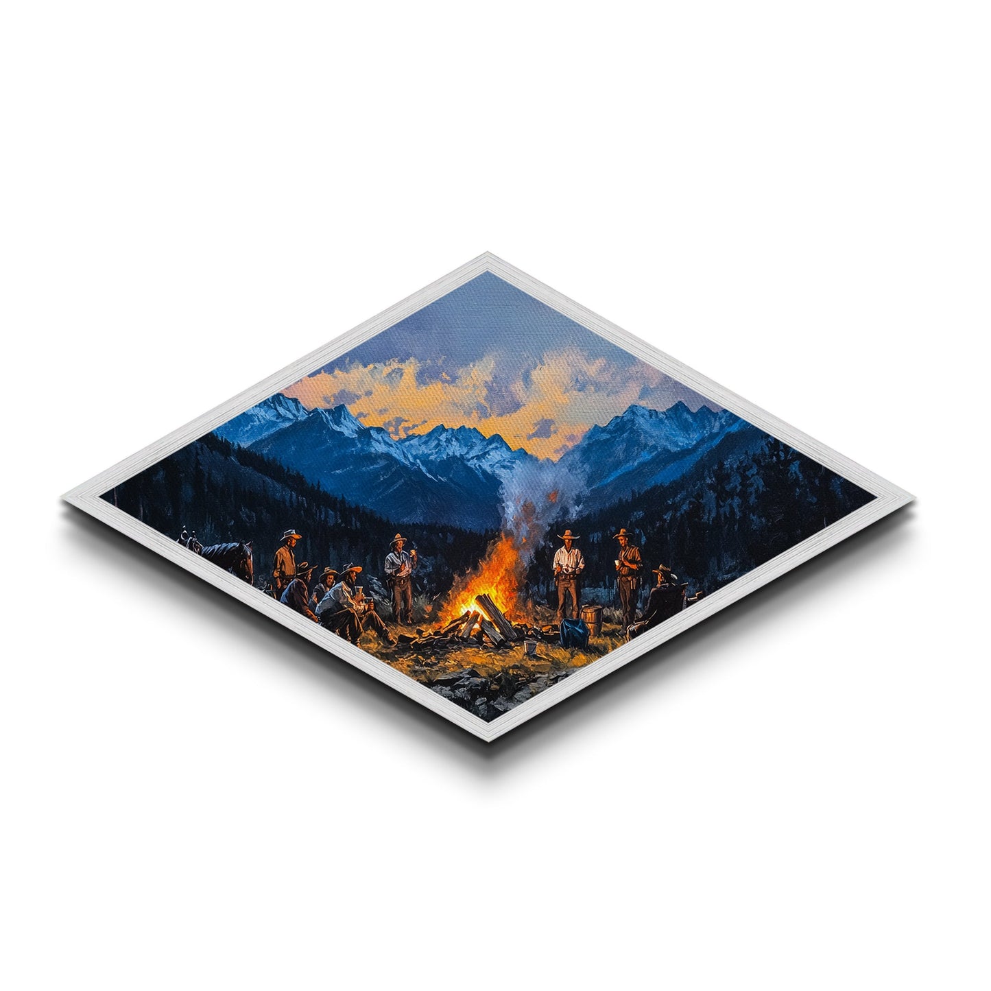 Campfire Cowboys – Diamond Shaped Canvas Art Print western rustic painting mountain landscape cowboy lodge living room Americana decor