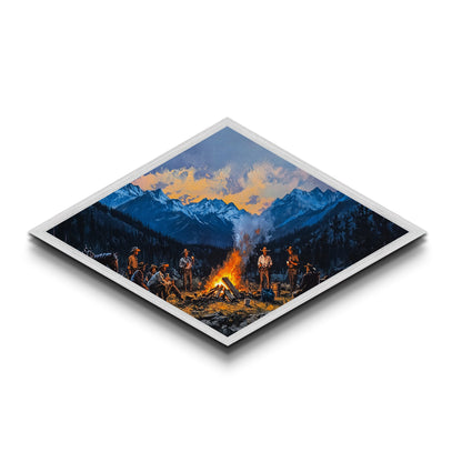 Campfire Cowboys – Diamond Shaped Canvas Art Print western rustic painting mountain landscape cowboy lodge living room Americana decor