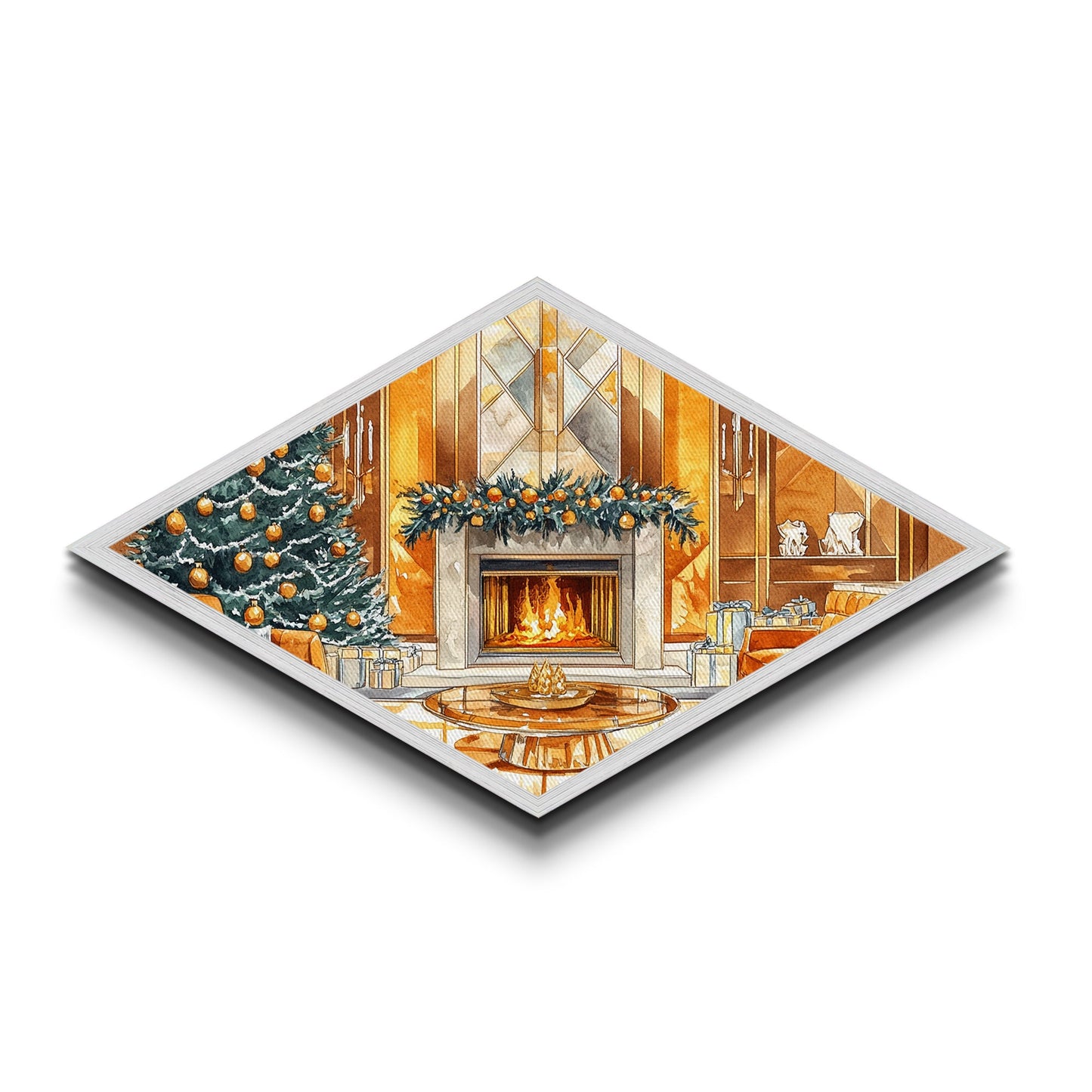 Festive Hearth – Diamond Shaped Canvas Textured Print cozy Christmas interior holiday fireplace art living room seasonal winter decor