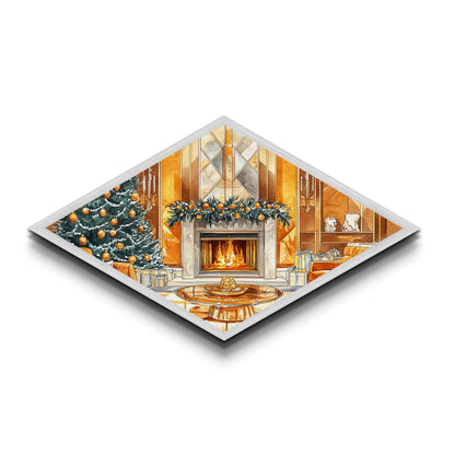 Festive Hearth – Diamond Shaped Canvas Textured Print cozy Christmas interior holiday fireplace art living room seasonal winter decor