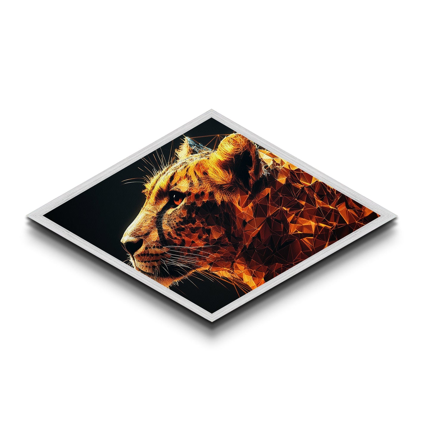 Prismatic Tiger Tech Diamond Shaped Canvas Embossed Print futuristic animal artwork digital geometric wild cat bedroom den or gamer wall piece