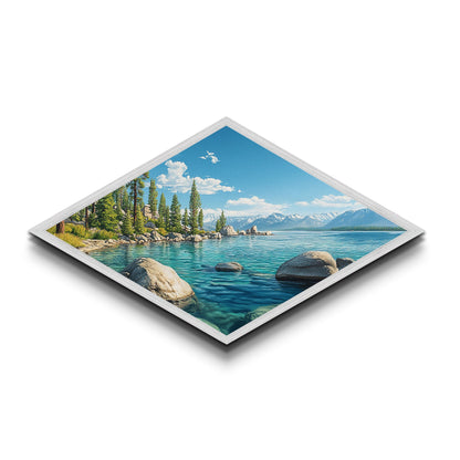 Alpine Stillness - Diamond Shaped Canvas Art Print Mountain Lake Nature Decor Rustic Lodge Wall Accent Peaceful Retreat Landscape