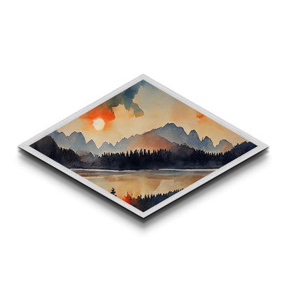 Sunset Over The Smoky Mountains, Diamond Shaped Art Print, Watercolor Landscape Painting, Nature Decor, Canvas Texture Art Print