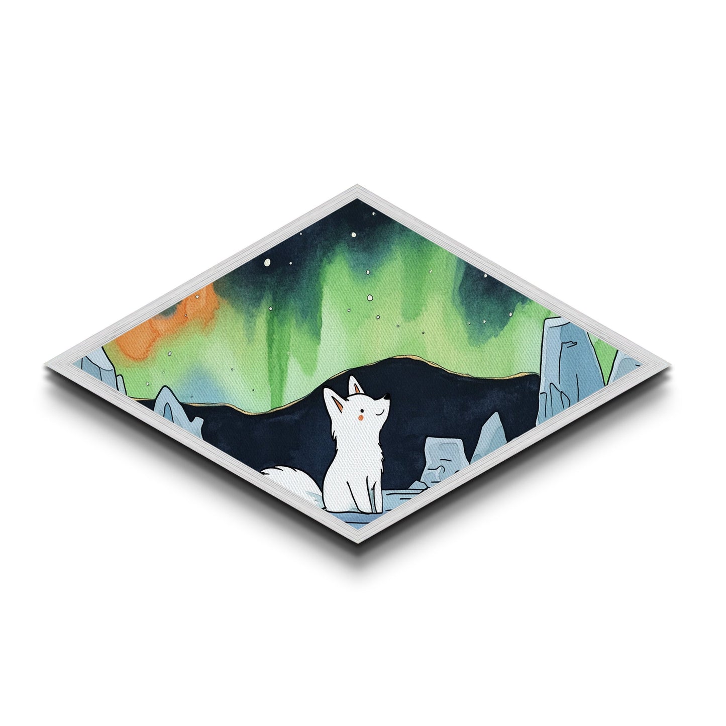 Cute Wolf Cub Under The Northern Lights, Diamond Shaped Canvas Texture Art Print, Coastal Boho Decor