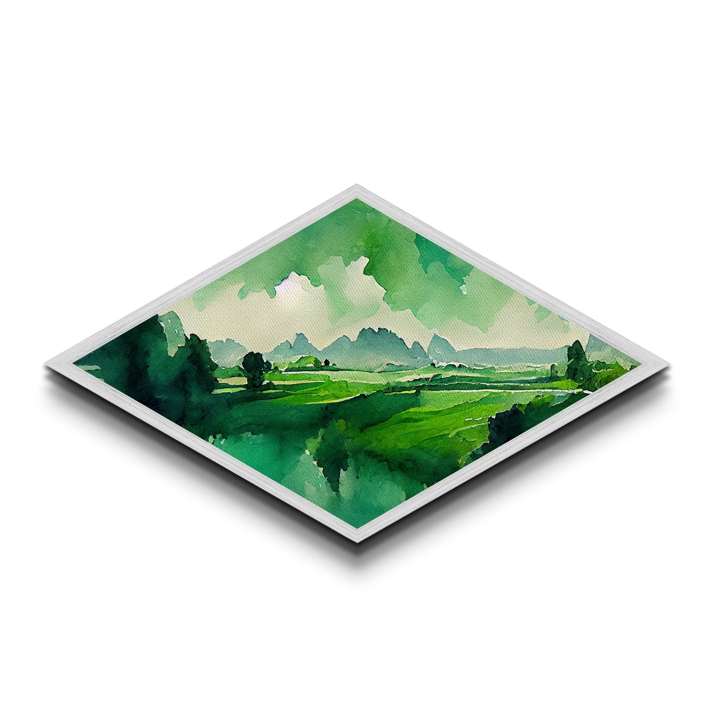 Verdant Horizon Diamond Shaped Landscape Wall Art Canvas Embossed Print Green Mountain Nature Illustration Pastoral Home Decor Accent