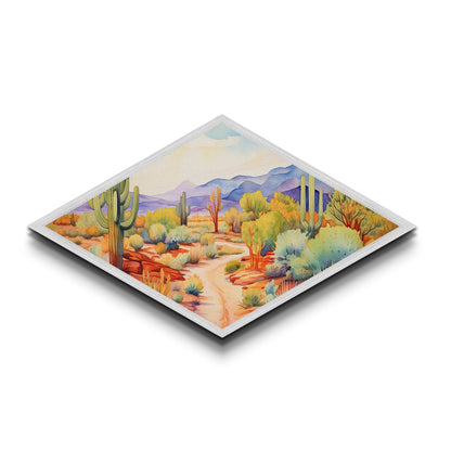 Desert Garden Pathway Diamond Shaped Canvas Embossed Print colorful southwest watercolor cacti art modern boho living room piece