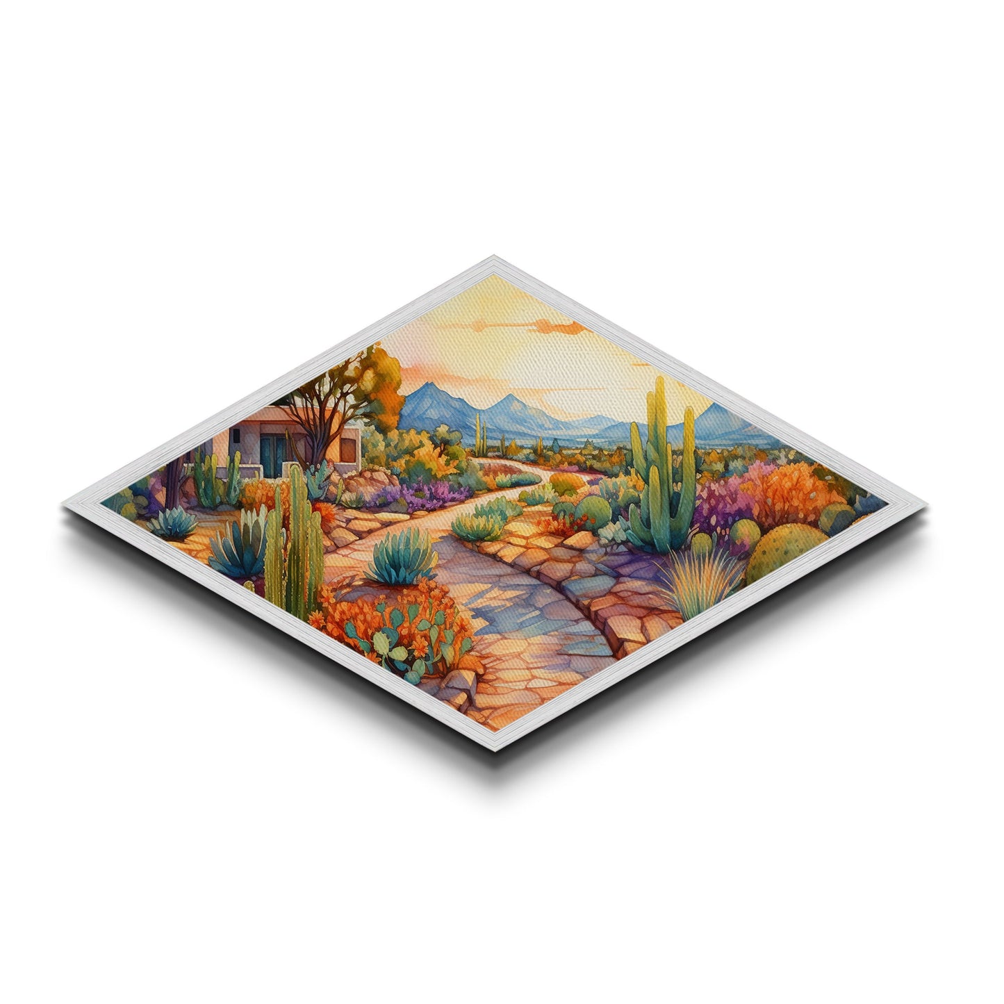 Southwest Garden Retreat Diamond Shaped Canvas Art Print desert botanical cacti and succulents colorful landscape art decor accent
