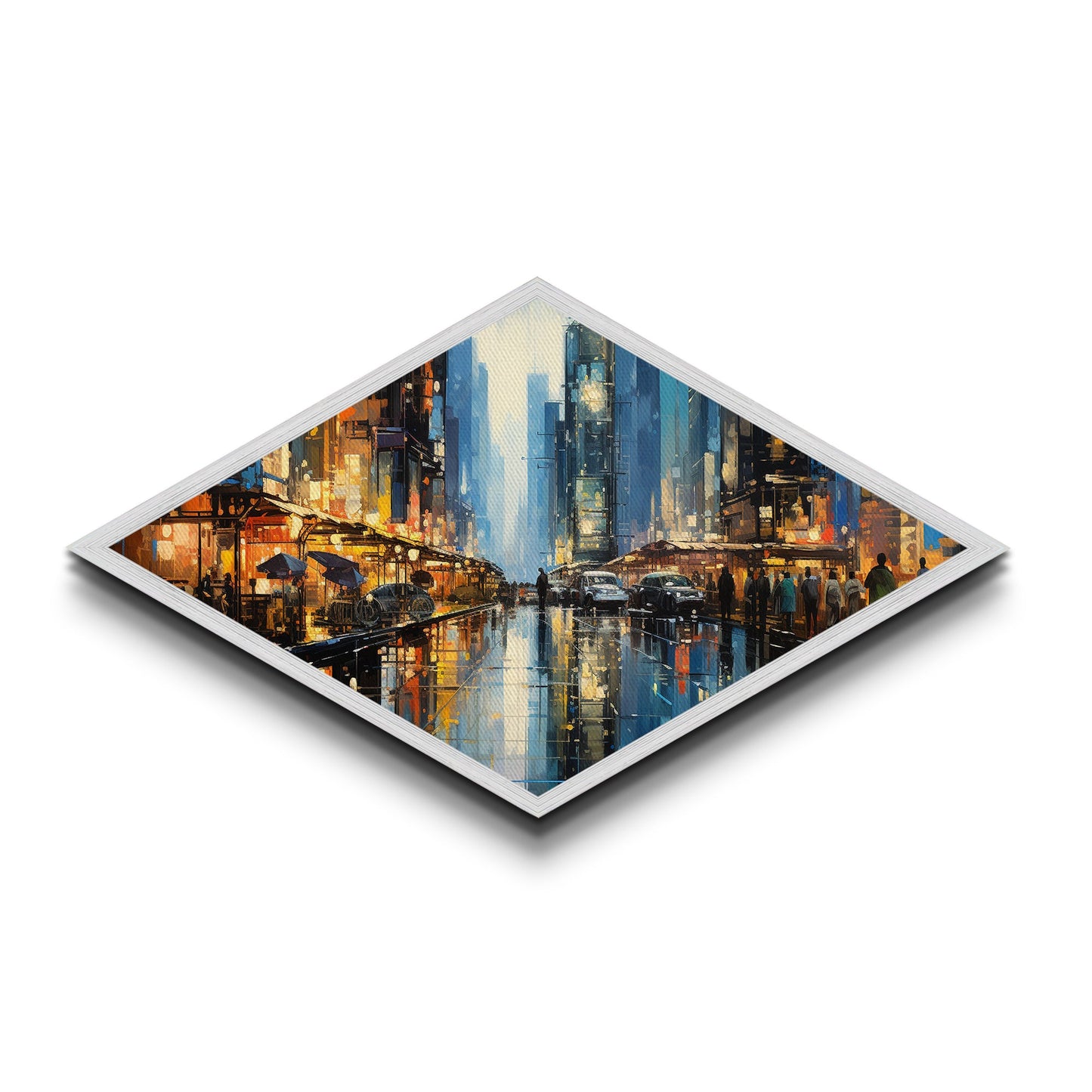 City Street Buzz Diamond Shaped Canvas Embossed Print rainy night urban scene bright lights pedestrians modern cityscape wall decor