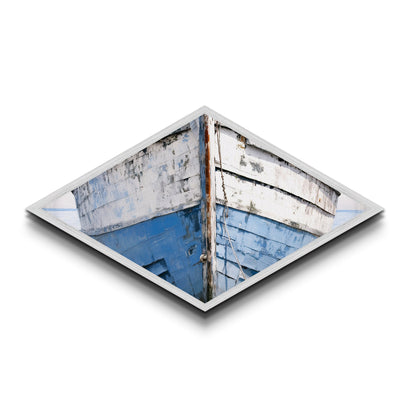 Nautical Hull Charm Diamond Shaped Canvas Textured Print rustic boat bow ocean vessel coastal vintage marine blue white nautical art