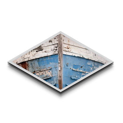 Chipped Boat Nostalgia Diamond Shaped Canvas Embossed Print rustic nautical decor blue white boat hull worn texture seaside wall piece