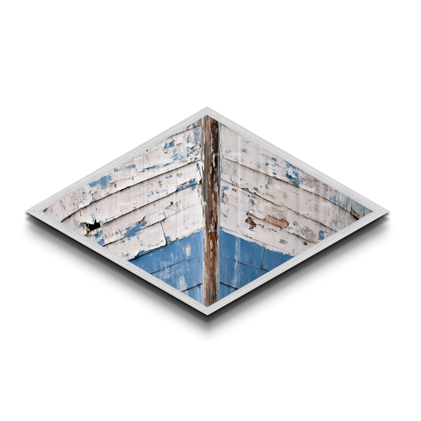 Distressed Vessel Edge Diamond Shaped Canvas Art Print coastal ship hull rustic weathered nautical marine decor blue tones boatfront