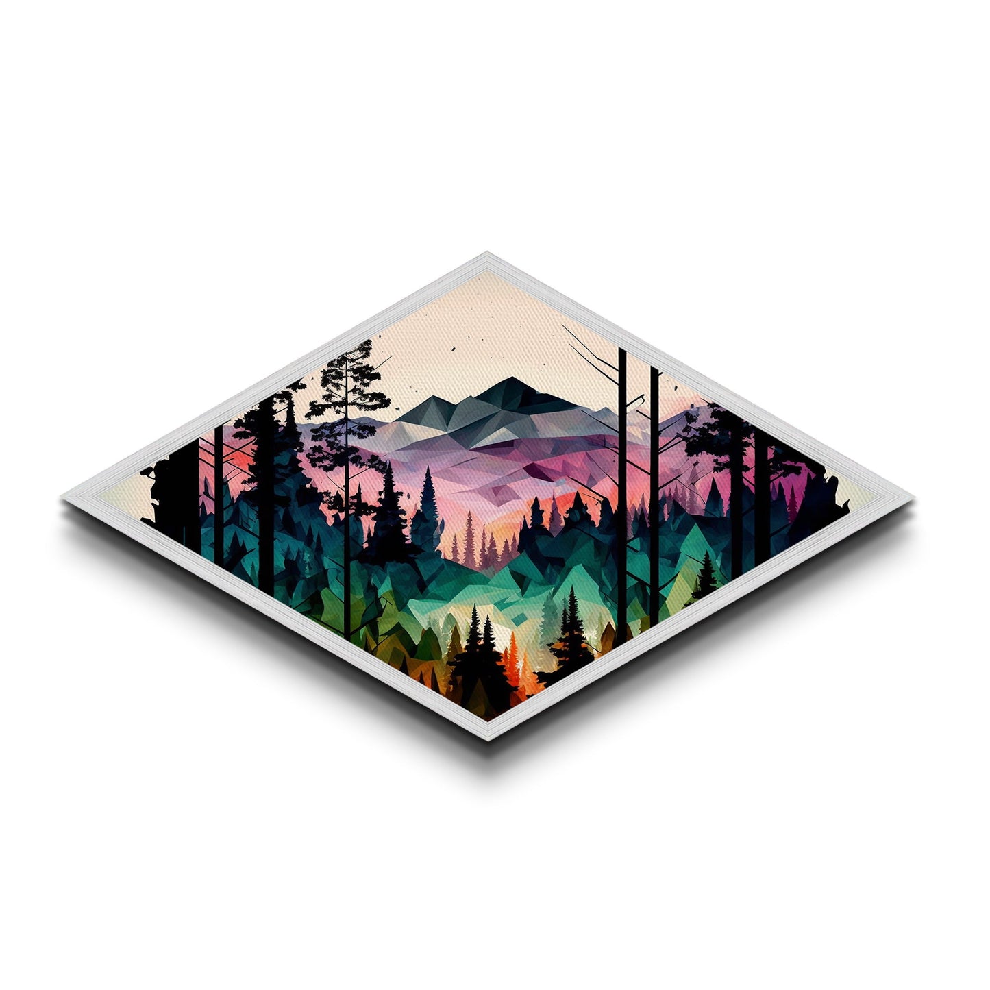 Polygonal Peaks View – Diamond Shaped Geometric Mountain Landscape Canvas Art Print, Nature Forest Sunrise Wall Accent