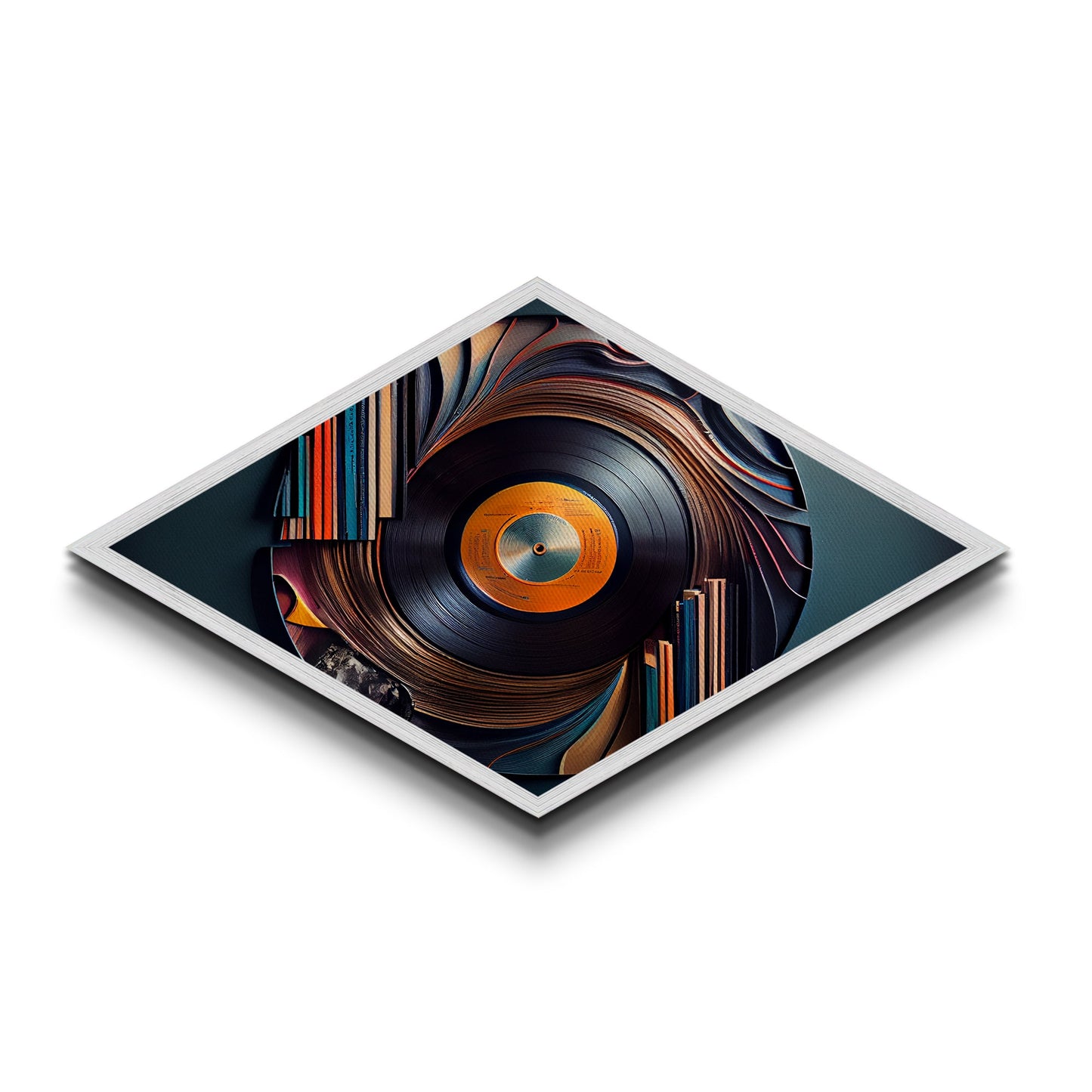 Vinyl Whirl Swirl – Diamond Shaped Retro Record Canvas Art Print, Music Room Decor with Bookshelf Turntable Vibe