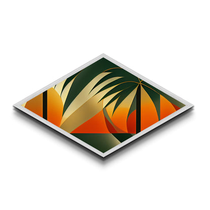 Diamond Shaped Palm Horizon — Tropical Abstract Retro Sunset Canvas Embossed Print, Geometric Island Decor, Bold Beach Theme