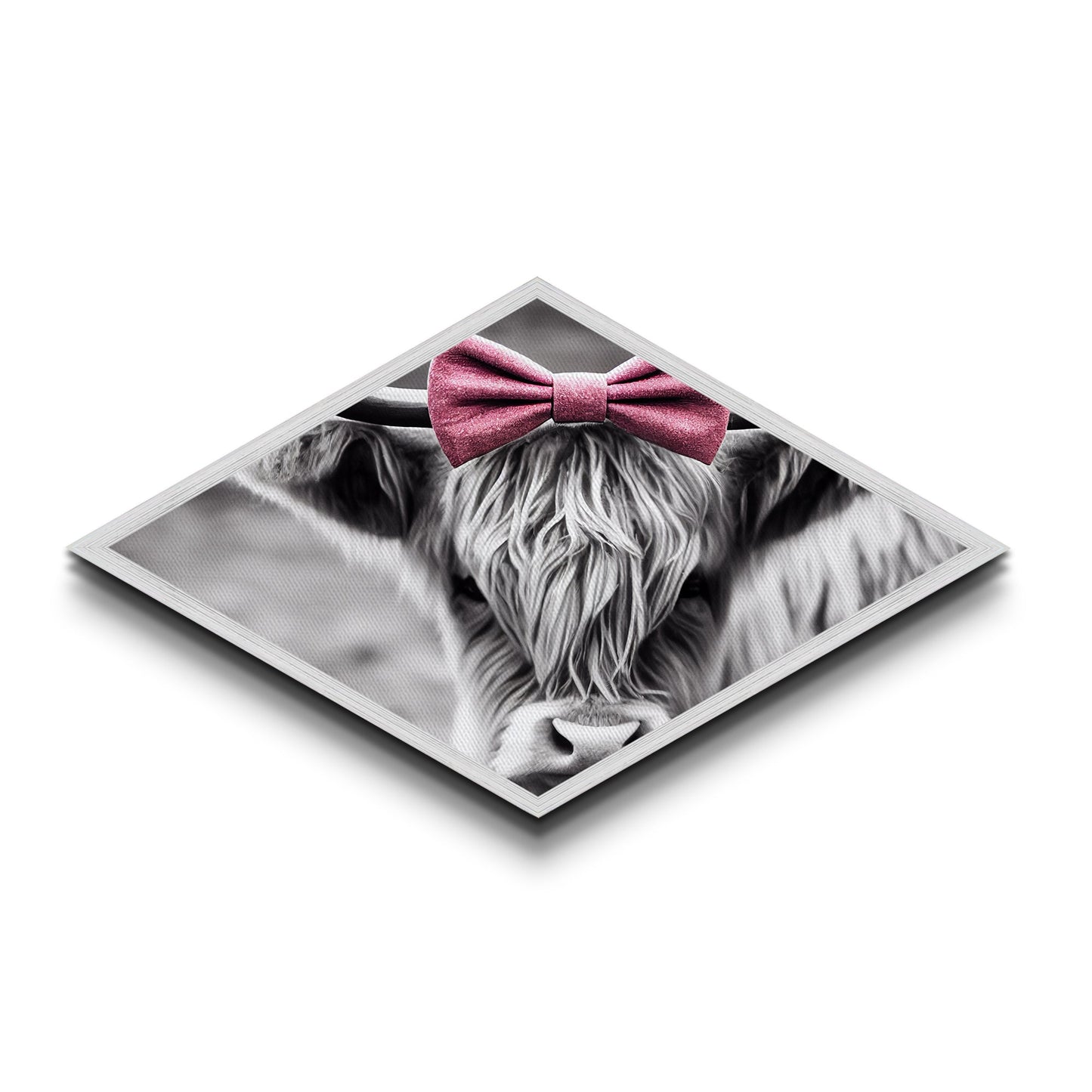 Diamond Shaped Cow Glance — Monochrome Highland Cow Canvas Textured Print, Farm Wall Decor, Whimsical Animal Art with Bow