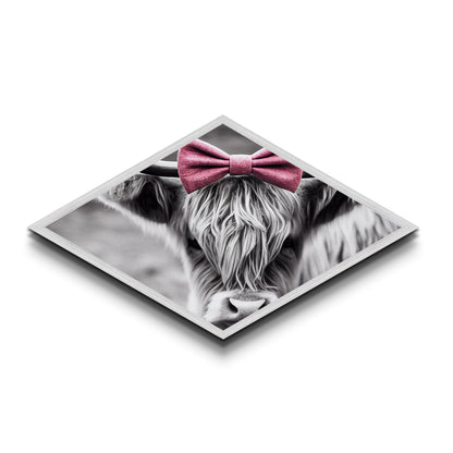 Diamond Shaped Cow Glance — Monochrome Highland Cow Canvas Textured Print, Farm Wall Decor, Whimsical Animal Art with Bow