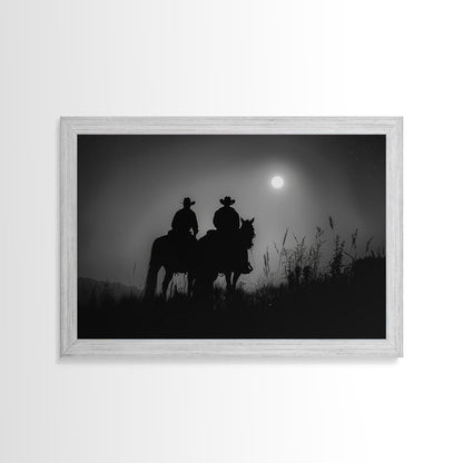 Cowboys Under A Full Moon, Framed Canvas Print, Black and White Western Photography, Wild West Art, Western Decor, Farmhouse Country Art