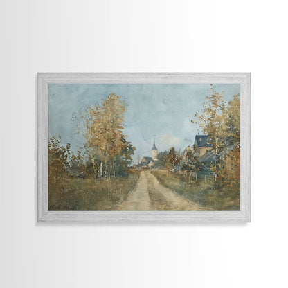Old Country Road Leading To a Church, Framed Canvas Print, Unique Wall Art, One Of A Kind, folk art, Rustic Farmhouse