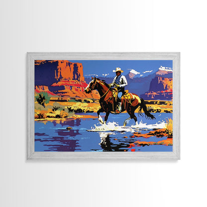 Crossing The Colorado River, Framed Canvas Print, Kitsch Western Wall Art, Colorful Western Painting Original Artwork, Pop Art Painting