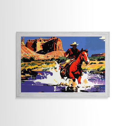 Crossing The Colorado River, Framed Canvas Print, Kitsch Western Wall Art, Colorful Western Painting Original Artwork, Pop Art Painting