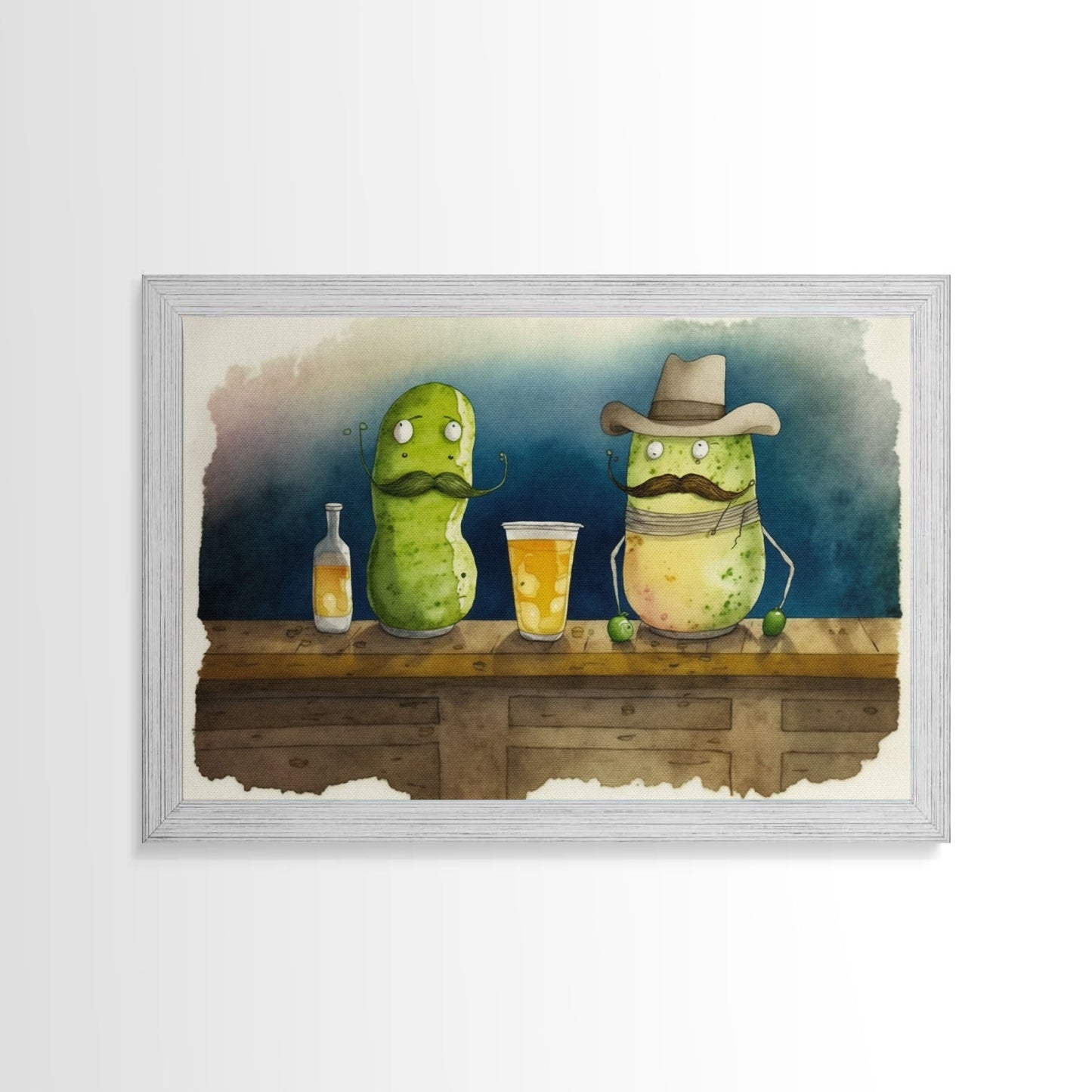Funny Pickles In A Bar, Watercolor Painting Print, Framed Wall Art, Funny Decor, Kitsch Art, Framed Canvas Pickle Art