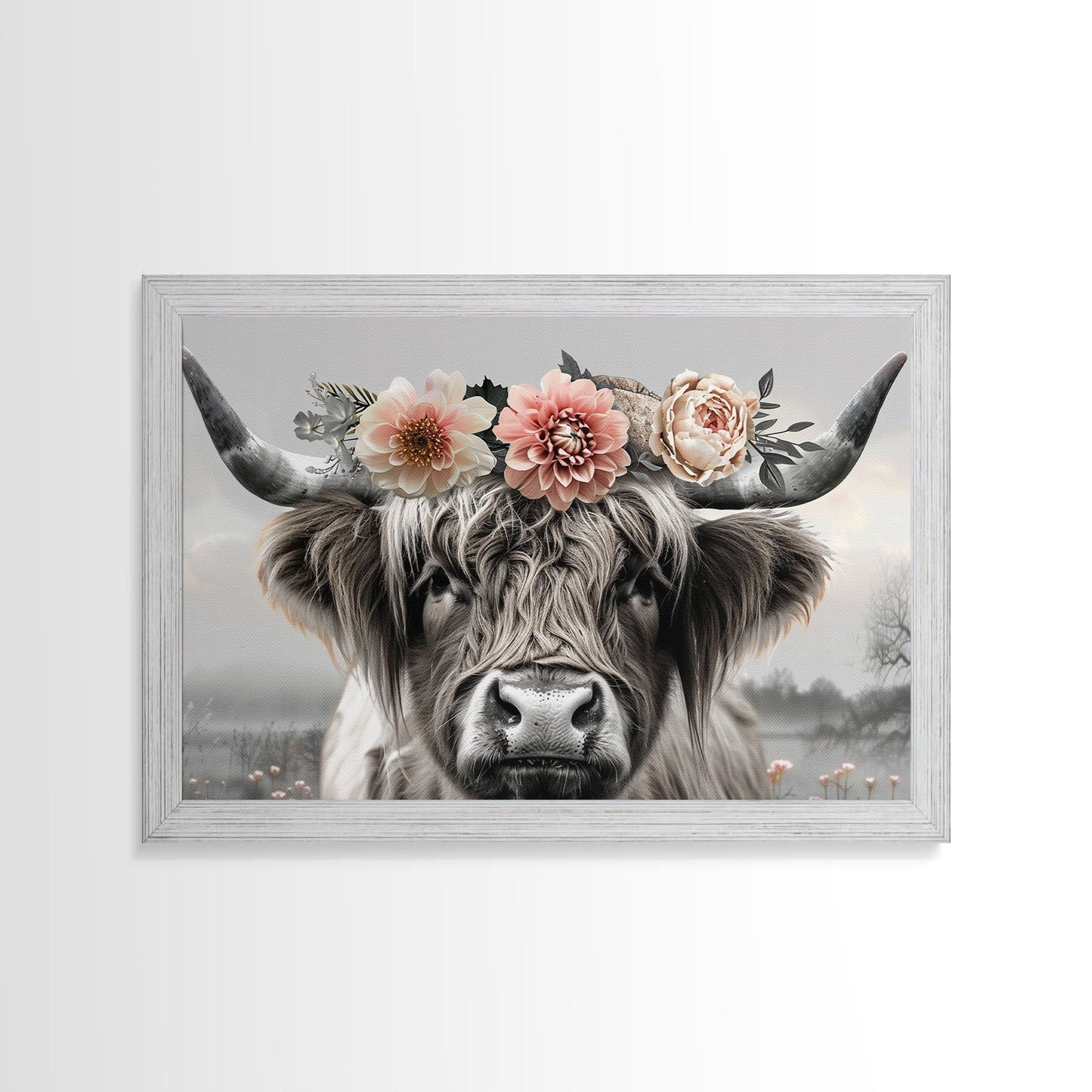 Cute Framed Canvas Wall Art, Cute Cow Wearing Flowers, Farmhouse Decor, Farmhouse Wall At, Extra Large Boho Decor, Minimalist Modern Art