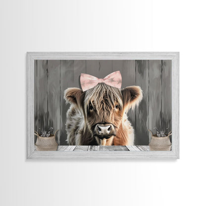Framed Wall Art Texas Cattle, Wood Framed Canvas Print, Farmhouse Decor, Minimalist Rustic Farmhouse Painting, Cute Nursery Wall Art