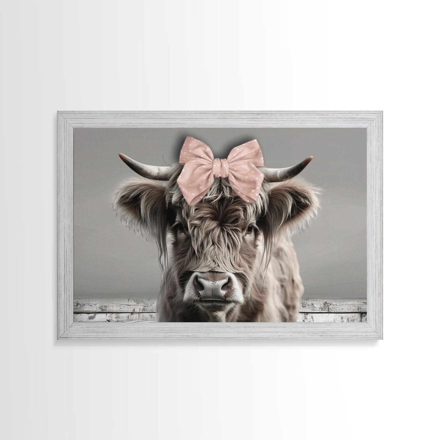 Framed Canvas Print, Cute Highland Cow Wearing A Pink Bowtie, Framed Wall Decor, Rustic Minimalist Farmhouse Decor, Western Art