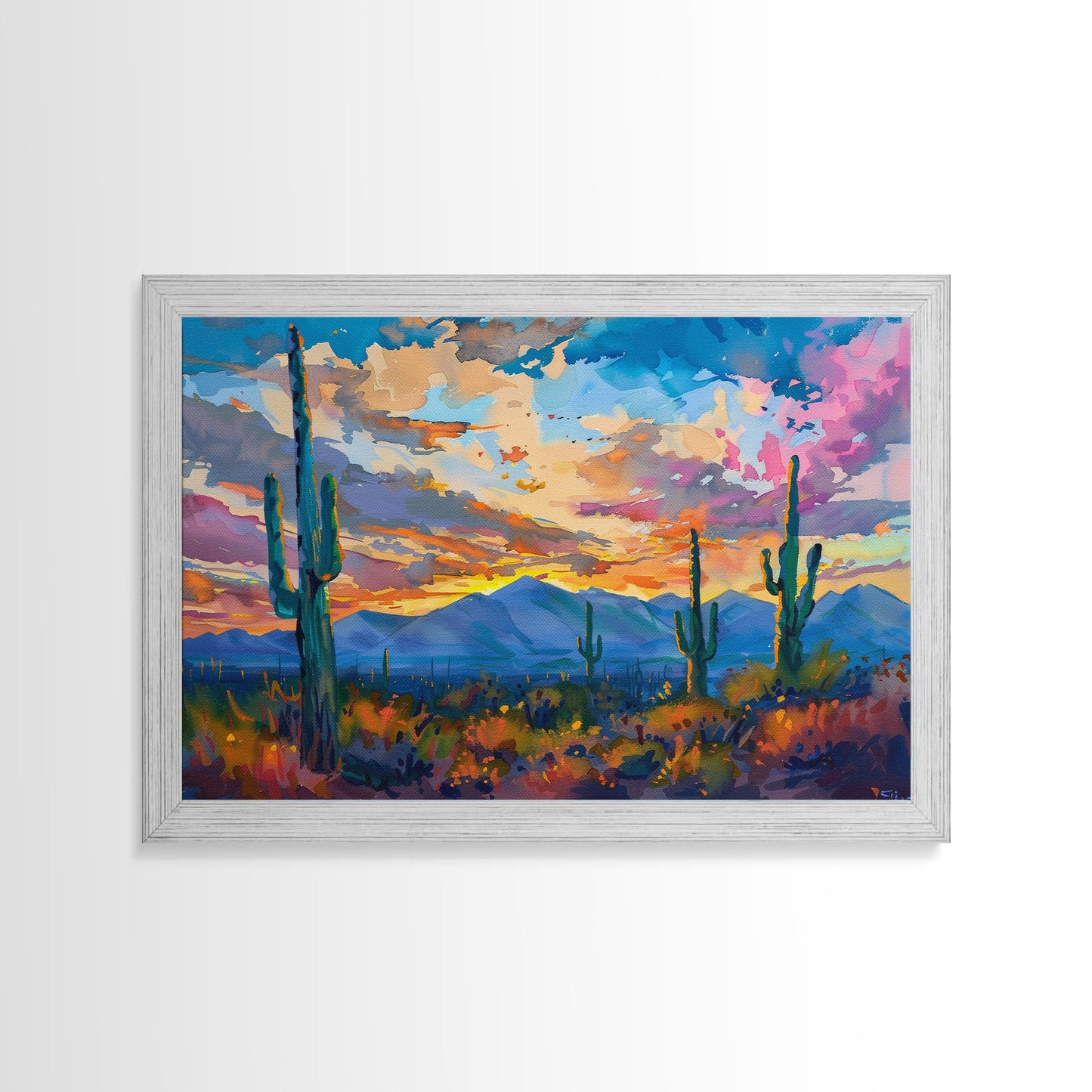 Cactus Under A Beautiful Sunset, Pop Art Style, Mid Century Modern Framed Canvas Print or Metal Art, Desert Scene Wall Art, Abstract Desert