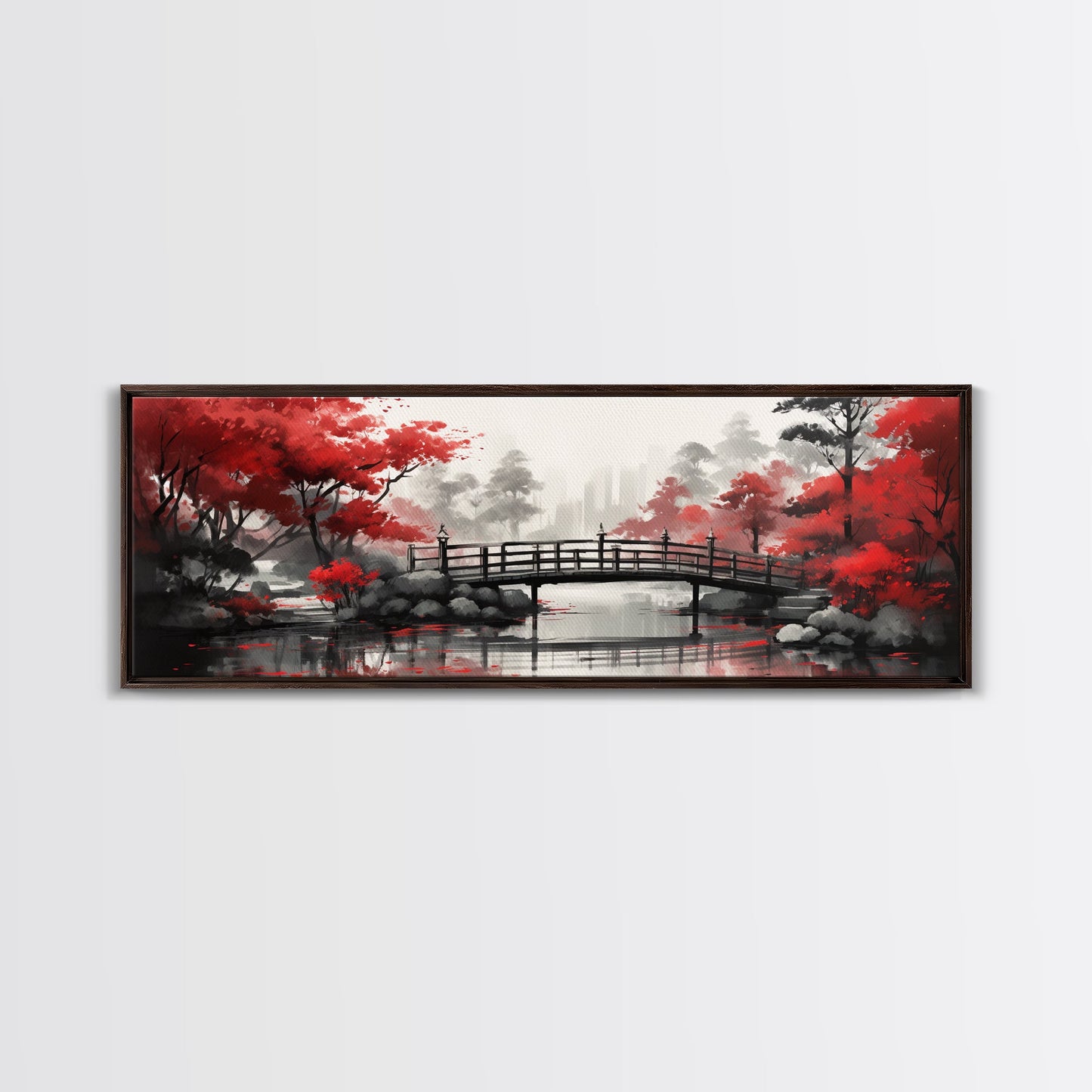 Japanese Hashi Bridge in The Spring, Framed Canvas Print, Japanese Maple Trees Along A Stream, Asian Inspired Art