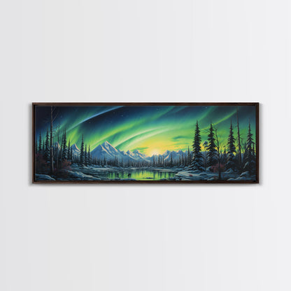 Aurora Borealis, Framed Canvas Print, Beautiful Alaskan Winter Landscape Painting, Moody Art, Unique Wall Art
