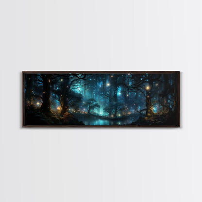Fantasy Forest Print - Lightning Bugs Light Up The Forest At Night - Framed Canvas Print - Beautiful Fantasy Art - Framed Wall Art Fireflies