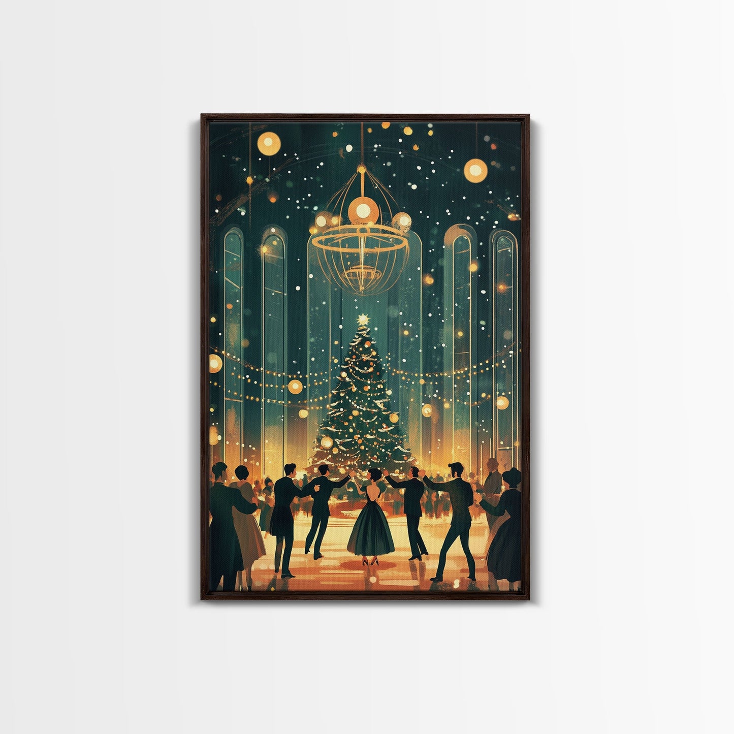 Elegant Ballroom Christmas Dance Scene with Holiday Lights and Decorations, Perfect Holiday Decor for Winter Wonderland, Framed Canvas Print