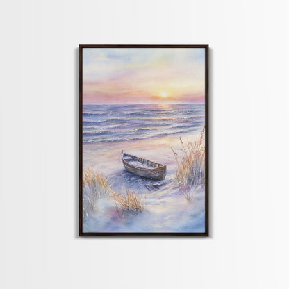 Abandoned Canoe On The Beach, Framed Canvas Print, Nautical Decor, Christmas Outdoor Decor, Christmas Prints Wall Art