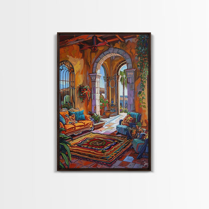 Mediterranean Lounge With Mountain View Framed Canvas Print Spanish Style Patio Wall Art Home Decor Best Gift Seasonal Above Sofa Art